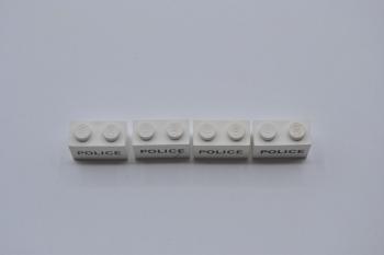 Mobile Preview: LEGO 4 x Basisstein 1x2 Police bedruckt white printed police brick 3004pb003